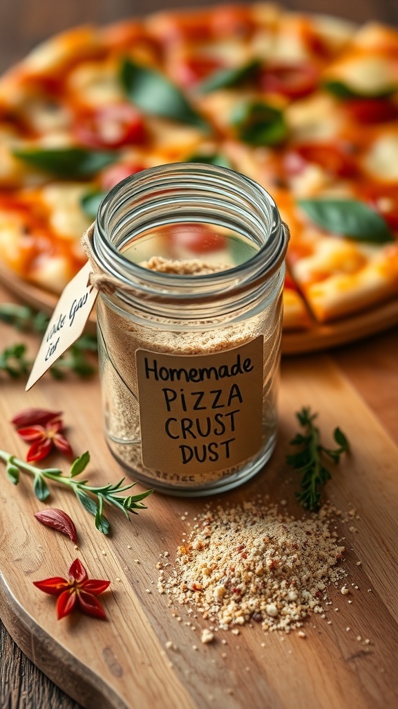 Homemade Pizza Crust Dust Recipe A jar of pizza crust dust with herbs and spices on a wooden board next to a freshly baked pizza.